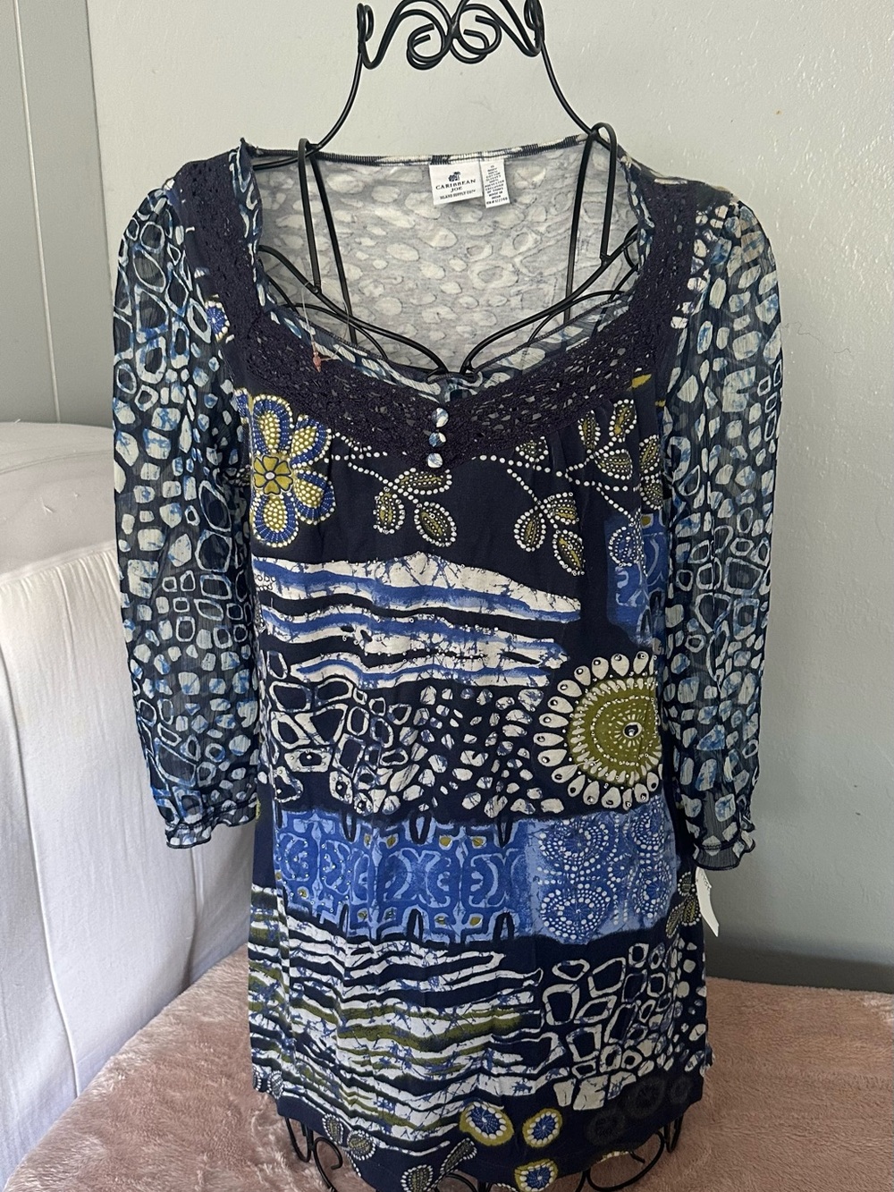Caribbean Joe Navy Mixed-Print Crochet Yoke Tunic